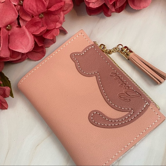 Vegan Leather Two Tone Pink Cat Wallet with Tassel - Picture 5 of 14